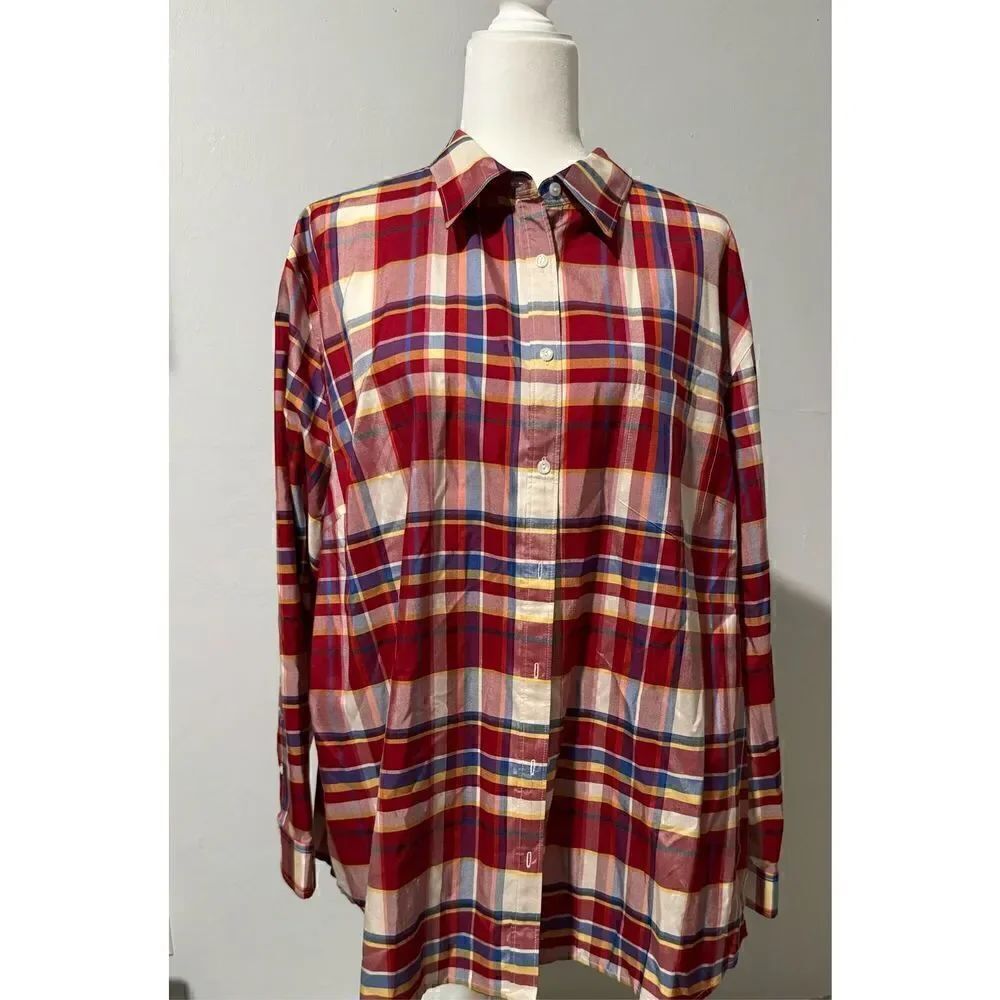 Lauren Ralph Lauren 100% silk red & blue plaidālongāsleeveātopā3X